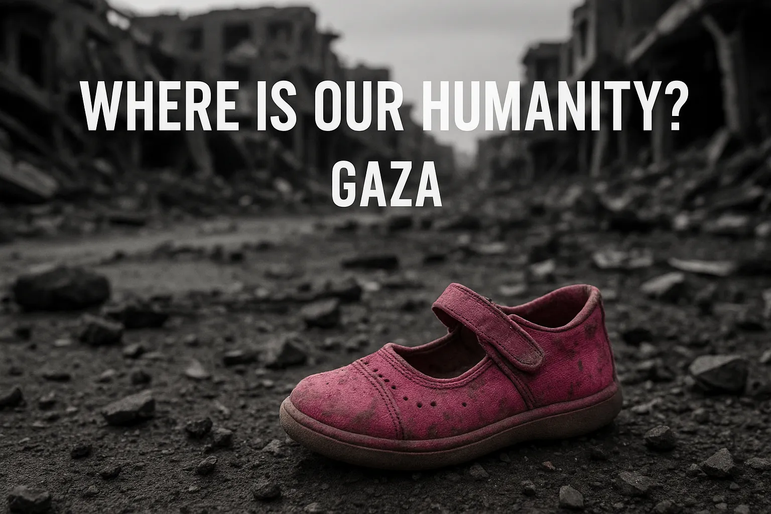 Zapato rosa de niña abandonado entre los escombros de Gaza, símbolo del sufrimiento infantil en contextos de guerra.